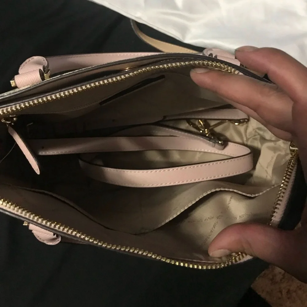 Michael Kors Beige Floral Logo Satchel with Pink Trim